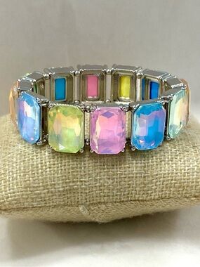 Pastel Rainbow Iridescent Crystal Silver Stretch Bracelet Chunky Candy Cuff